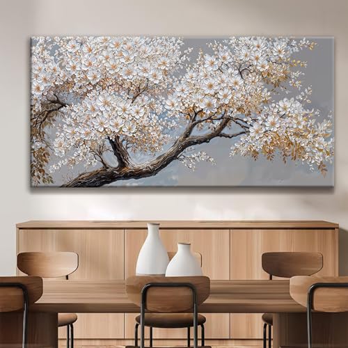 Large Wall Art Decor Modern White Flowers On Tree Artwork Prints Decor Ready To Hang Canvas Wall Art For Living Room Office Bedroom Wall Decor Kitchen 29x58 Inch - color: White Brown, size: 58"L x 29"W