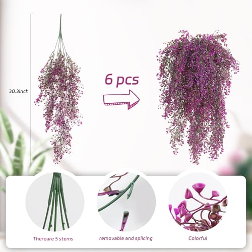 RECUTMS Artificial Hanging Leaves Plants 6Pcs Indoor Fake Flower Swags Faux Vines Ivy Leaves Plastic Greenery Resistant Plastic for Wall Wedding Party Porch Garden Decoration(Fuchsia) - color: Fuchsia-6pcs