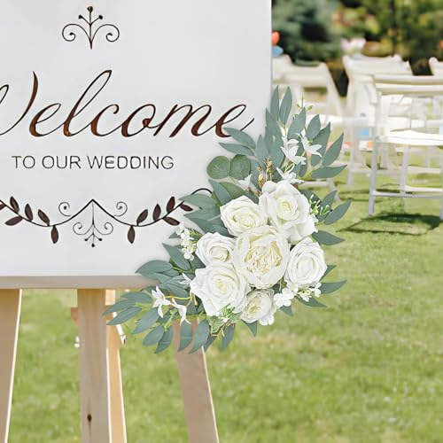 Wedding Arch Faux Flowers Set of 2, Wedding Welcome Signs Greenery Garland Decoration for Ceremony, Reception, Backdrop (White) - color: White