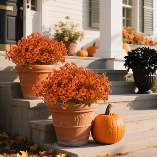 Kingsboomy 12Pcs Artificial Fall Mums Flowers for Outdoors, Fake Faux Plants, Silk Colorful Flowers Eucalyptus Realistic UV Resistant for Outside Home Planter Porch Patio Yard Decor (12, Fall Color) - color: Fall Color
