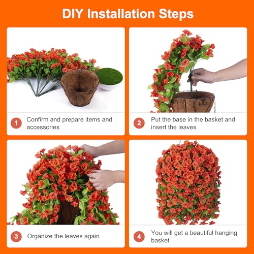 Ammyoo Artificial Faux Hanging Flowers Basket for Fall Outdoor Porch Decor, Fake Silk Colorful Morning Glory Eucalyptus in Planter UV Resistant Look Real for Home Balcony Yard(Orange) - color: Orange