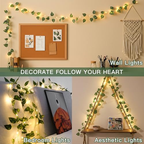 suddus Fake Vines with Lights Battery Operated, 20 LED 6.56FT Pothos Garland Fairy Lights with Timer, Leaf String Lights for Bedroom,Room,Window,Wall,Party,Garden,Wedding Indoor Decor (Warm White) - color: Pothos, size: 20 LED-Copper Wire Battery-Powered
