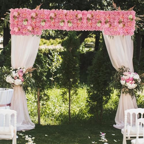 3D Flower Wall Backdrop - 12Pcs 15×15 Inch Artificial Rose Panels Pink Silk Floral Decor for Home Party Wedding Anniversary Birthday Photographic Studio Background & Decorative Fences - color: Pink, size: 12PCS-15x15