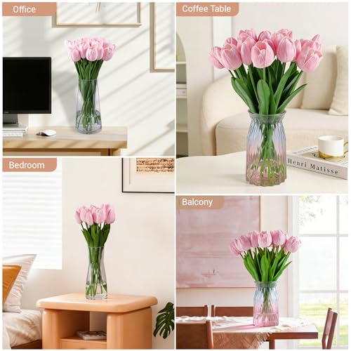 20 Pcs Fake Tulips Flowers 16" Tall, Realistic Touch Leaves, Bottle Tulip Artificial Plants Indoor for Home Decor Small Office Home Living Room-Vase Not Include -Pink - size: 16 Inch Tulips Pink
