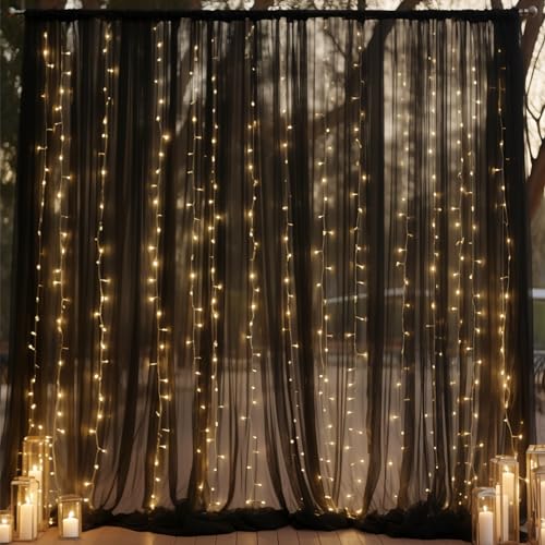 10ft x 10ft Black Backdrop Curtain with Lights String for Parties, Sheer Tulle Wedding Photo Backdrops Drapes for Baby Shower Birthday Party Decorations Background for Photography - color: Black, size: W5' x H10'(2 panels)