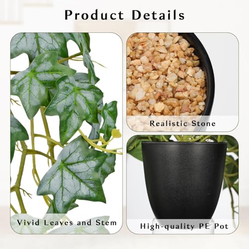 GnFlus Realistic Fake Pothos Ivy Plant with Pot Artificial Leaves Featuring a White Frosted Finish for Home Shelf Decor Indoor Silk Artificial Plant Large - color: White/Green-black Pot