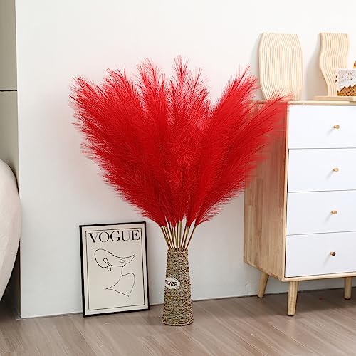 Wertuirk Red Pampas Grass Decor - 45-Inch Set of 8 | Artificial Large Pampas Grass Soft and Fluffy | Long Faux Flower | Perfect for Wedding Centerpieces, Farmhouse, Living Room Decor - color: Red