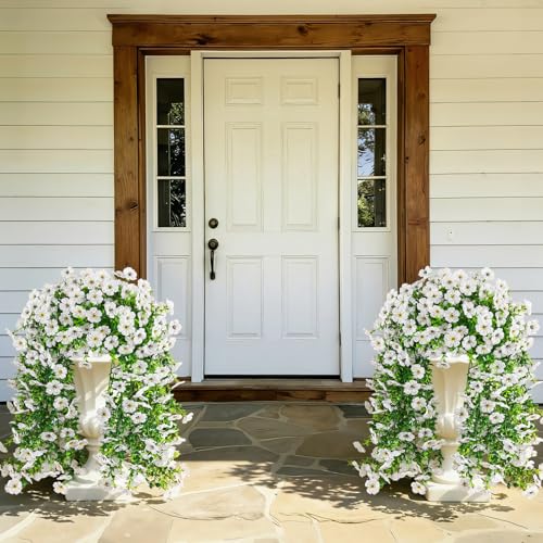 4 Pcs Artificial Hanging Flowers for Outdoor, Fake Silk Daisy Flowers Spring Summer Decoration UV Resistant Faux Plants for Planter Front Door Porch Patio Balcony Yard Decor, White - color: White