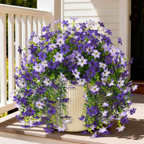 Artificial Hanging Flowers Plants for Outdoor Spring Decoration, 2 PCS Fake Silk Daisy Flower Planter UV Resistant Look Real for Outside Patio Porch Home Summer Decor (Purple) - color: Purple
