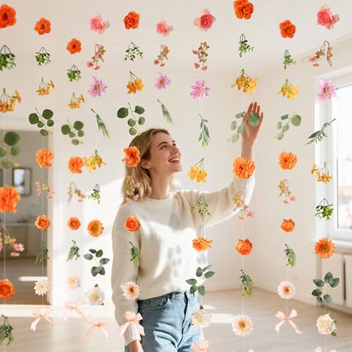 Livole 6Pcs 36Ft Hanging Flower Garland with Bow Wildflower Garlands Backdrop Silk Artificial Fake Floral Vines for Wedding Bridal Party Birthday Arch Wall Home Garden Decor(Orange) - color: Orange, size: 6Pcs