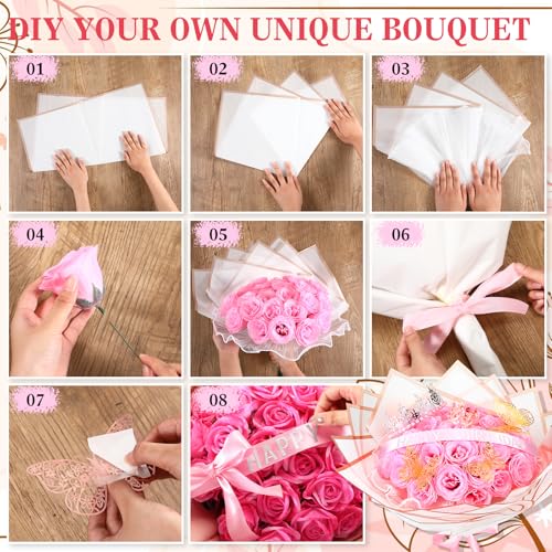 Thiccywoov 36 Pcs Glitter Roses Bouquet Artificial Rose DIY Flower Bouquet Kit Flower Wrapping Paper 3D Butterflies Crowns for Mom Graduation Birthday (Pink) - color: Pink