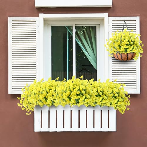 Artificial Flowers for Outdoors 12 Bundles Realistic Faux Plants UV Resistant Fake Silk Morning Glory with Eucalyptus for Front Door Planter Patio Porch Outside Spring Summer Decoration (Yellow) - color: Yellow