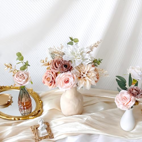 Artificial Flowers Combo Box Set Terracotta Silk Roses Dahlia with Stems DIY Bridal Wedding Bouquets Cake Gold Boho Nude Beige Fake Floral Arrangements Baby Shower Party Table Centerpieces Home Decor - color: Nude, Terracotta