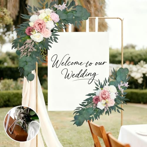 Wedding Arch Flowers 2 Pack, Artificial White Roses and Greenery Swag for Welcome Sign Decorations - color: Pink
