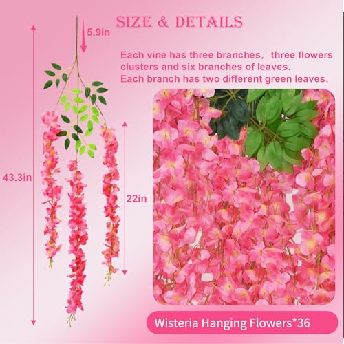 36 PCS Wisteria Hanging Flowers, 3.6ft Fake Vines Artificial Wisteria Garland Silk Flower String for Wedding Arch Garden Party Home Ceiling Wall Backdrop Tent Decoration (Pink) - color: Pink, size: 36 Pack