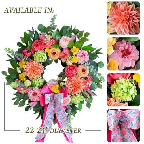 Spring Wreaths for Front Door 24 Inch Outdoor Spring Wreath with Pink Bow– Handmade Peach Dahlia & Garden Rose Summer Wreaths for Front Door,Farmhouse Home,Porch,Wall,Window Decor - color: Dahlia