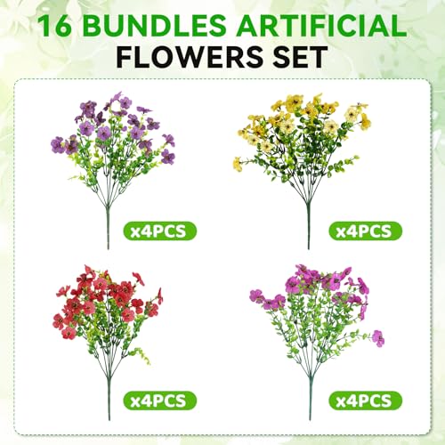 Alotiki 16 Bundles Artificial Flowers for Outdoors Decoration,Faux UV Resistant Violet Flowers with Eucalyptus Leaves,for Porch Outside Indoor Yard Home Patio Decor(16, Multiple Color) - color: Eucalyptus Violet, size: 16P