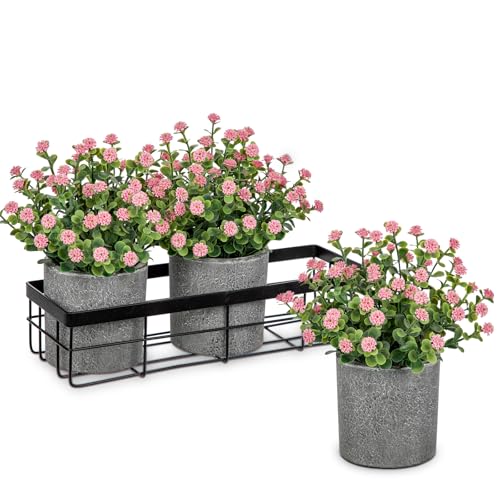 DILATATA Baby's Breath Artificial Flowers Table Centerpiece Decoration Potted Artificial Babys Breath Small Fake Plants for Shelf Desk Home Decor Fake Pink Babys Breath Flower with Vase - color: Pink