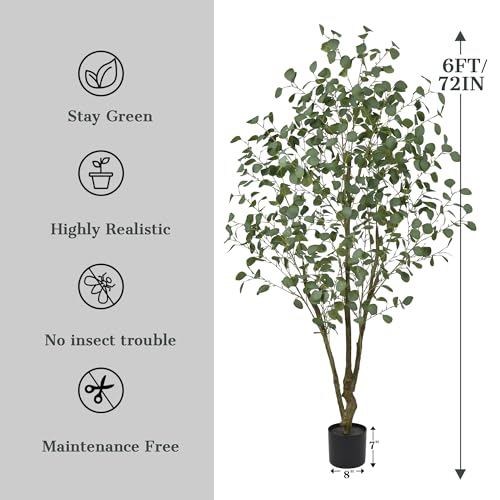 Artificial Eucalyptus Tree 6FT - Large Faux Plants Indoor Tree with 640 Leaves and Realistic Trunks, 72" Tall Fake Tropical Plant in Pot Artificial Floor Plant for Home Living Room Porch Office Decor - size: 6ft