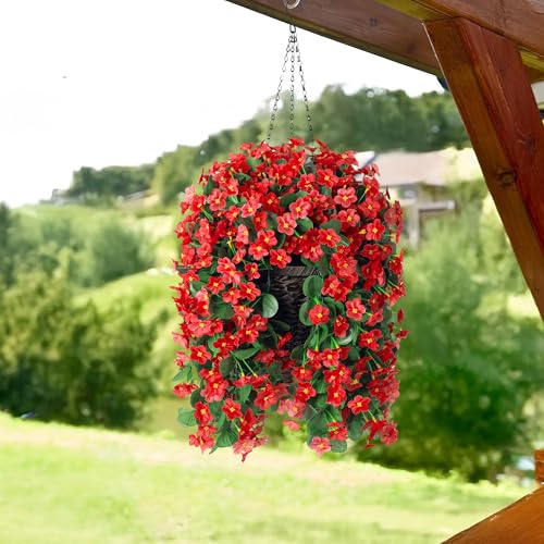HyeFlora Artificial Fake Hanging Plants Flowers for Outdoor Outside Spring Decoration, 2 PCS Faux Silk Daisy Red Orchid Vines UV Resistant Realistic for Home Indoor Porch Patio Balcony - color: Red