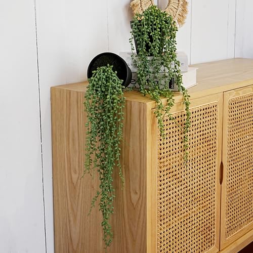 Jahe 2 Pcs String of Pearls Artificial Plants Indoor, Beaded Plant Succulents Plants Artificial, Fake Vines in Black Pots,Trailing Faux Plant for Living Room Bathroom Accessories Farmhouse Wall Decor