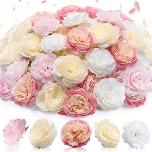 Thiccywoov 50 Pcs Artificial Flowers, 3.2 Inches Silk Rose Head Flowers Fake No Stem for Wedding Bridal Bouquet Home Floral Decor DIY Centerpieces Arrangements Party Tables Decoration(Pink Yellow) - color: Pink Yellow