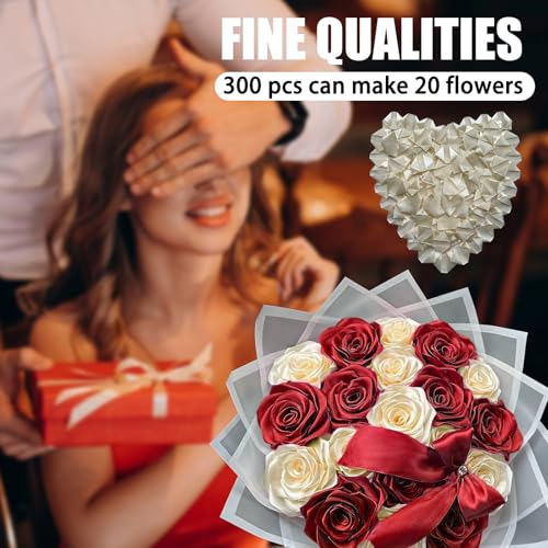 300Pcs Premade Satin Ribbon Rose Petals Half-Finished for Eternal Rose DIY Ramos Forever Flowers Bouquets Everlasting Floral,for Wedding,Anniversary,Birthday (300 Pcs Cream White) - color: 300 Pcs Cream White