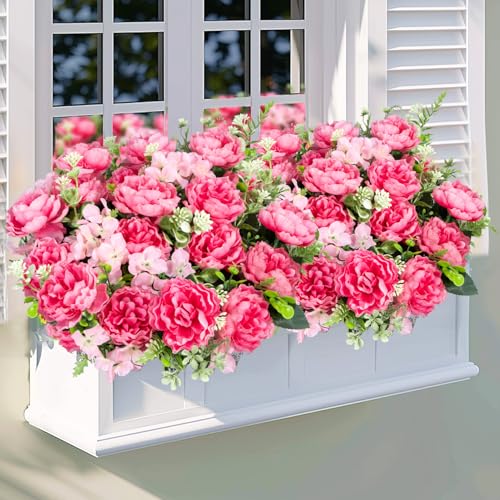 6 Bundles Peonies Artificial Flowers for Outdoors UV Resistant Faux Peony with Hydrangea Fake Flowers Silk Flowers for Outside Front Porch Garden Window Box Planters Decor (Pink) - color: Pink