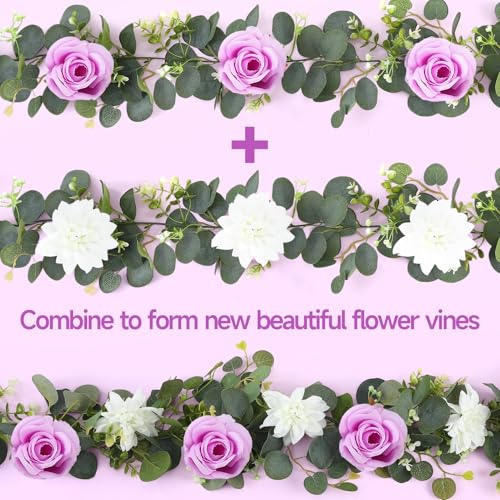 4 Pack Wedding Garland Set, Purple Rose & White Dahlia Hanging Flower Vines for Wedding Arch, Backdrop, Mantel, Home Decor (5.91ft) - color: Purple White