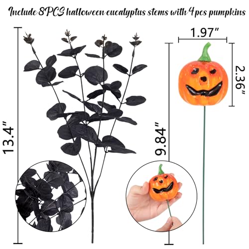 Yen Jean 12PCS Black Halloween Pumpkin Decorations Indoor Artificial Fake Flowers: Eucalyptus Branches Stems Table Centerpieces Decor - style: halloween with pumpkin