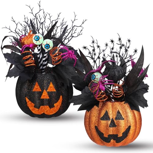 Giegxin 2 Pack Halloween Table Centerpieces Decorations 14'' x 10'' Jack O Lantern Artificial Flowers Pumpkin with Spider and Eyeball Halloween Tabletop Decor for Home Kitchen Indoor Outdoor - style: Jack O Lantern