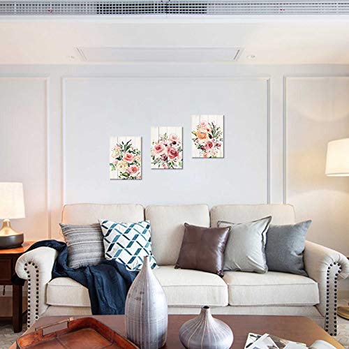 Pink Flower Home Decor Bathroom Wall Art Canvas Framed Wall Art for Girls Bedroom Bathroom Pictures Wood Grain Kitchen Modern Wall Decor Colorful Artwork for Walls Decoration Size 12x16 Each Panel