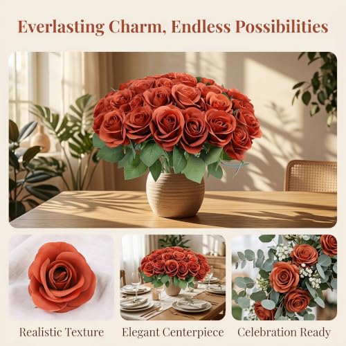 52pcs Burnt Orange Roses Artificial Flowers Fake Flowers Silk Roses with Stems for DIY Wedding Bouquets Home Bridal Shower Centerpieces Arrangements Party Decorations - color: Burnt Orange
