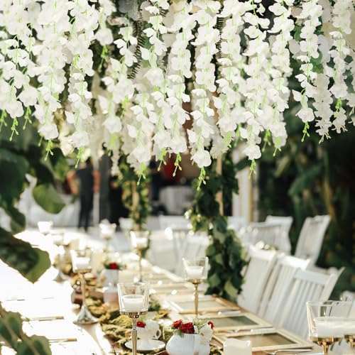 150 Branches Wisteria Hanging Flowers,10Pcs Total 60ft White Wisteria Artificial Flowers Garland Vine Silk Hanging Flowers for Wedding Party Arch Ceremony Garden Home Backdrop Decor - color: White, size: 10