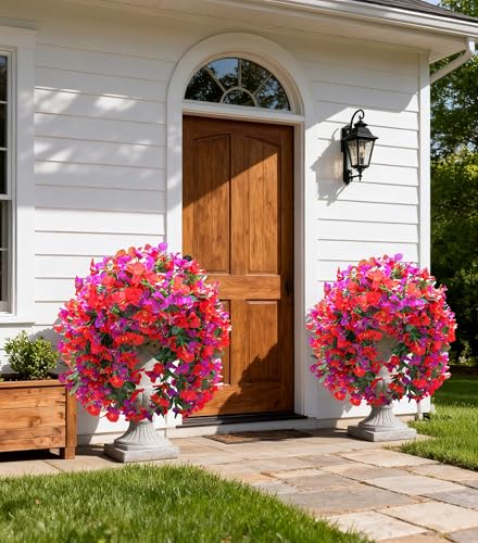 HyeFlora Bougainvillea Artificial Hanging Flowers Plants for Outdoors Decoration, 2pcs Fake Flowers Bougainvillea Vines Realistic UV Resistant Silk Flower for Outside Planter Porch Patio Yard Urn, Mix - color: Purple + Red