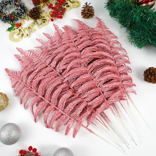 MWOOT 16 PCS Christmas Artificial Fern Bush Leaf, Pink Glitter Faux Plants Leaves for Centerpieces, Fake Christmas Tree Picks for DIY Garland Wreath Wedding Bouquet Table Home Garden Décor