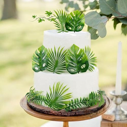 30PCS Artificial Monstera Leaf Cake Toppers Tropical Palm Green Leaves Cake Decors for Summer Safari Animal Boys Girls Birthday Tropical Rainforest Baby Shower Party Table Centerpiece Decorations - color: Green Leaves