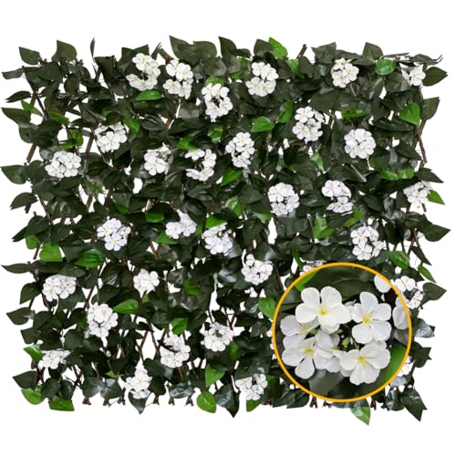 Expandable Fence Privacy Screen for Balcony Patio Outdoor,Decorative Faux Ivy Fencing Panel,Artificial Hedges (Single Sided Leaves)… - color: WHITE FLOWER