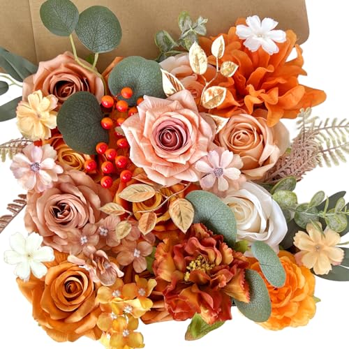 Artificial Flowers Combo Box Silk Burnt Orange Roses with Stems Sunset Terracotta DIY Bridal Wedding Bouquets Fall Boho Cake Fake Floral Arrangements Baby Shower Party Table Centerpieces Home Decor - color: Burnt Orange, Terracotta