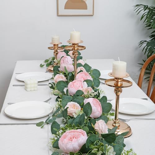 2 Pack 13FT Flower Garland, Artificial Rose Vine Fake Flower Garland Silk Rose Peony Hanging Vine Faux Floral Garlands for Wedding Party Arch Table Wall Backdrop Decoration (Light Pink, 2PCS) - color: Light Pink, size: 2PCS