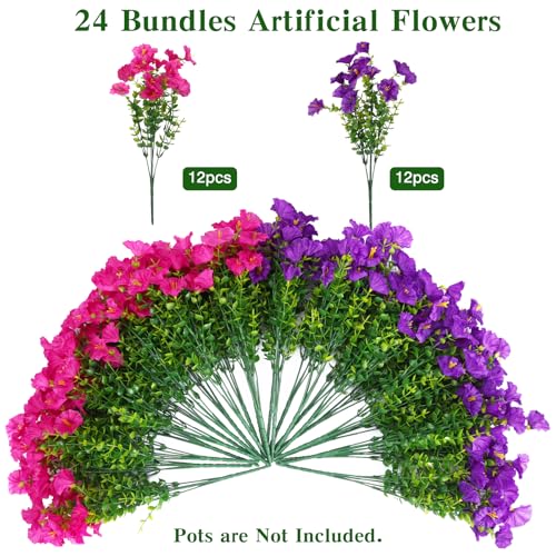 CEWOR Artificial Flowers for Outdoor Indoor, Fake Silk Morning Glory with Eucalyptus Leaves, Faux Flower for Garden Front Door Porch Planter Patio Home Decor (24 Bundles, Purple Fuchsia) - color: Purple Morning Glory