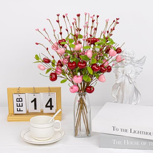 Yawwind 12 PCs Valentine Table Centerpieces 17 Inches Valentines Picks Valentines Day Floral Stems Romantic Heart Flower Picks with Cherry for Gift Vase Table Centerpiece Wedding Indoor Decor