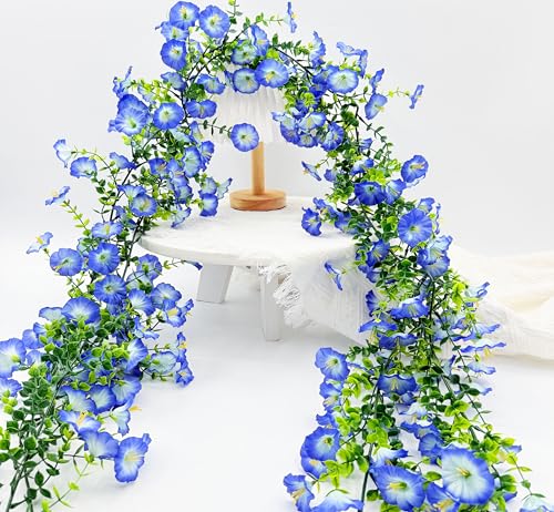 Artificial Flowers Garland 2PCS Blue Artificial Silk Morning Glory Vine Artificial Flowers Hanging Eucalyptus Garland for Wall Fence Arch UV Protected Indoor Outdoor Decor - color: Blue