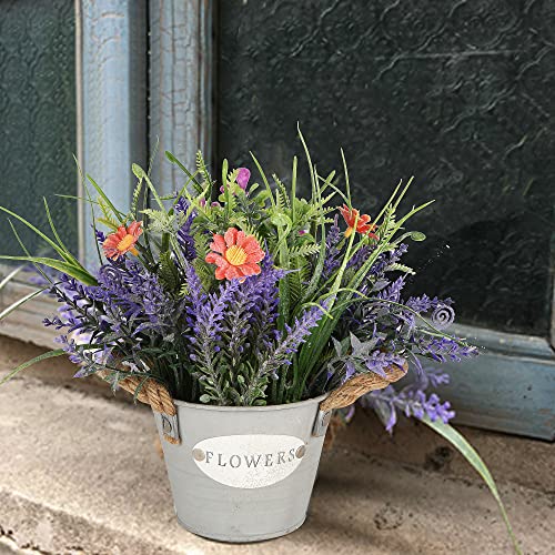 Artificial Lavender Plant 10" Purple Flowers with Orange Daisy in Galvanized Pot - Farmhouse Decor for Home Living Room Bedroom Bathroom Coffee Table - color: Lavender Flower With Orange Daisy