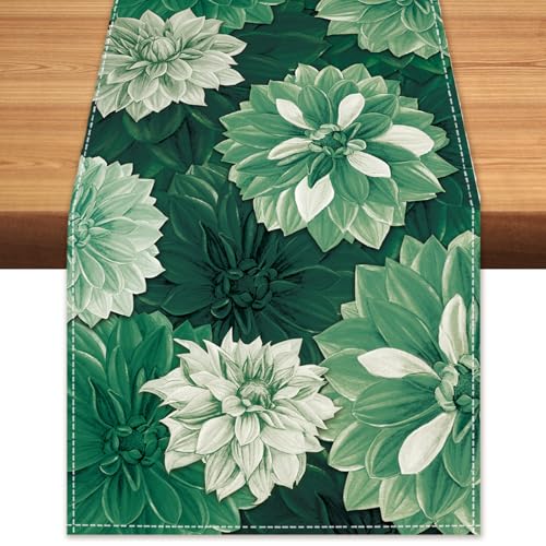 Deep Green Dahlia Flower Summer Table Runner Green Gray Burlap Table Runners, Spring Floral Seasonal Coffee Table Center Decor for Home Kitchen Dining Party Indoor Outdoor 13x72 Inch - color: Deep Green, size: 13" x 72", Table Runner