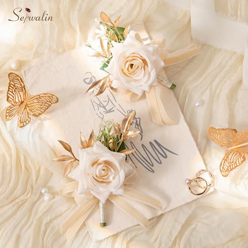 Serwalin 6 Pcs Champagne Boutonniere for Men Wedding, Groom and Best Man Boutonniere with Silk Rose Ceremony Anniversary Formal Dinner Party Artificial Flowers Prom Suit Decorations - color: Champagne, size: Boutonniere 6pcs