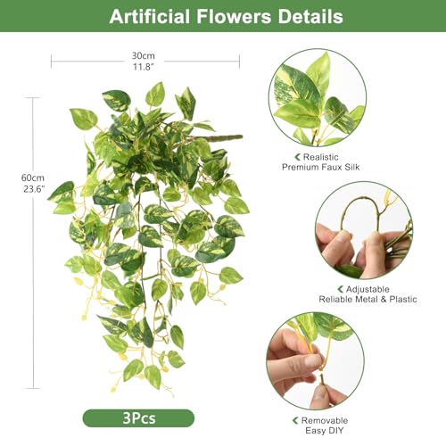 INQCMY Artificial Fake Hanging Plants Philodendro for Outdoors Spring Decoration, 3Pcs Faux Pothos Vines Realistic Greenery UV Resistant for Home Office Bedroom Bathroom Living Room Indoor - color: Green