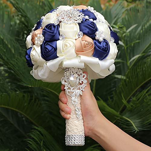 Sharebeauty 7.9 Inch Handmade Satin Rose Bridal Bouquet Toss Round Wedding Bouquet Throw Toss Artificial Flower Bunch Navy Blue + Brown Yellow + Ivory - color: W3217d14 Navy Blue/Brown Yellow/Ivory