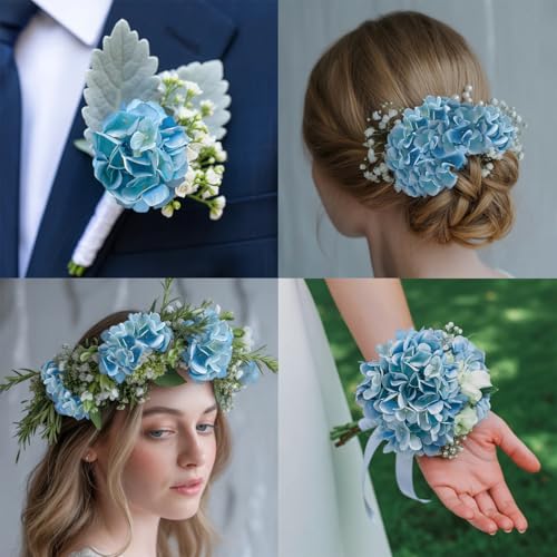 6PCS Realistic Artificial Silk Hydrangea Flowers – Premium Fake Hydrangea Flowers Bouquets with Stems, Full Faux Hydrangea Blooms for Home Wedding Table Party Office Decorations(Light Blue) - color: Light Blue