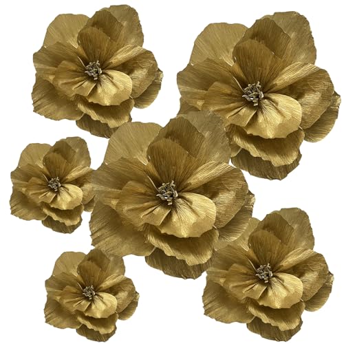 BRT Bearingshui Crepe Paper Flowers Decoration for Wall Total 6 Pcs, Artificial Flowers for Wedding Decor,Flower Backdrop Decor, Baby Bridal Shower Birthday Party, Gold 3D Wall Flowers Decor - color: Gold